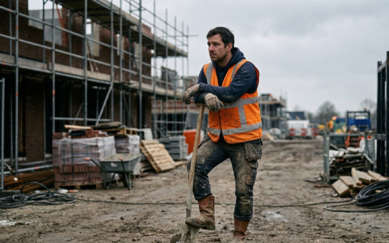 je ziet hier een man die aan het werken is in de bouw, maar niet blij is met blauwe maandag.