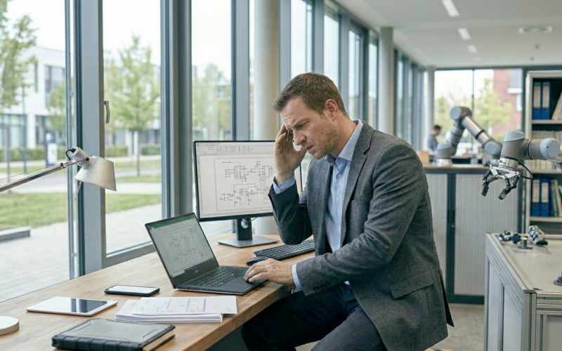 je ziet hier een man die zzp'er is en bezorgt kijkt.