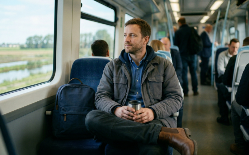 je ziet hier een man ind e trein zitten. hierdoor krijgt hij reiskostenvergoeding