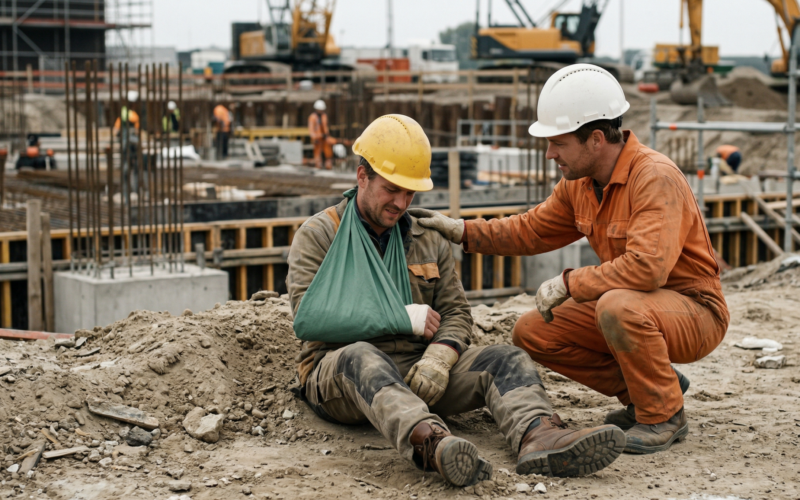 je ziet hier een man op de grond zitten met zijn arm in het verband. hij heeft een ongeluk gehad op zijn werk in de bouw