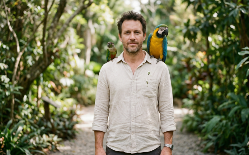 je ziet hier een man met twee papegaaien op zijn schouder. op zijn overhemd zit poep van 1 van de papegaaien.