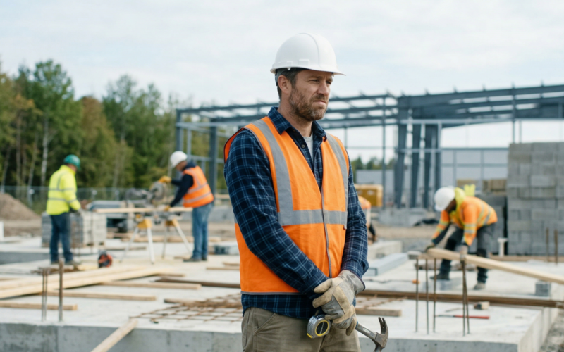 je ziet hier een man die vastloopt op zijn werk. hij kijkt verdrietig want hij weet niet meer wat of hoe hij alles moet doen