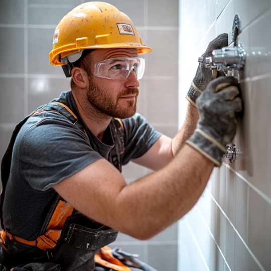 Een productiemedewerker buitendienst die bezig is met het installeren van badkamers. Hij staat in een badkamer met zijn werkkleding aan en is bezig met installatie werkzaamheden.