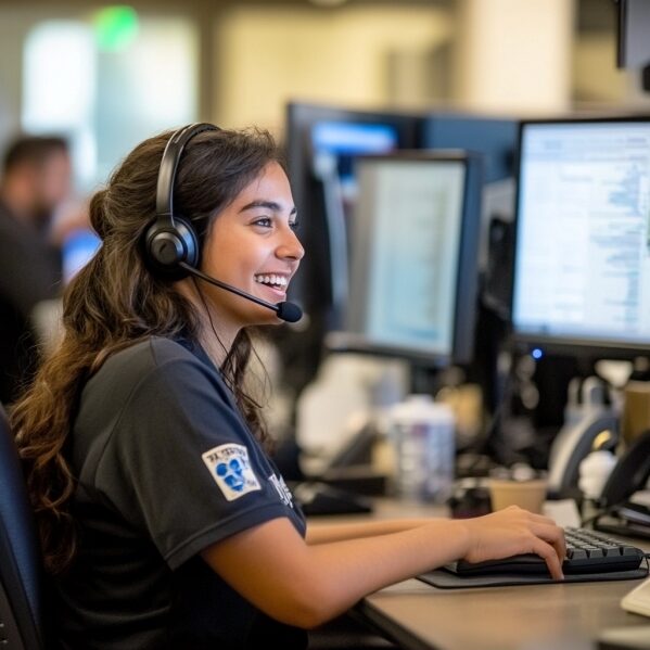 Een commercieel medewerker binnendienst die aan het werk is achter haar bureau. Ze is aan het bellen met een headset op en lacht