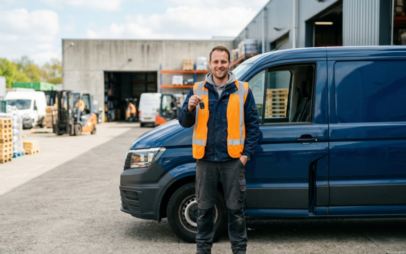 je ziet hier een man die in dienst is en zijn rijbewijs heeft. hij staat voor een bus