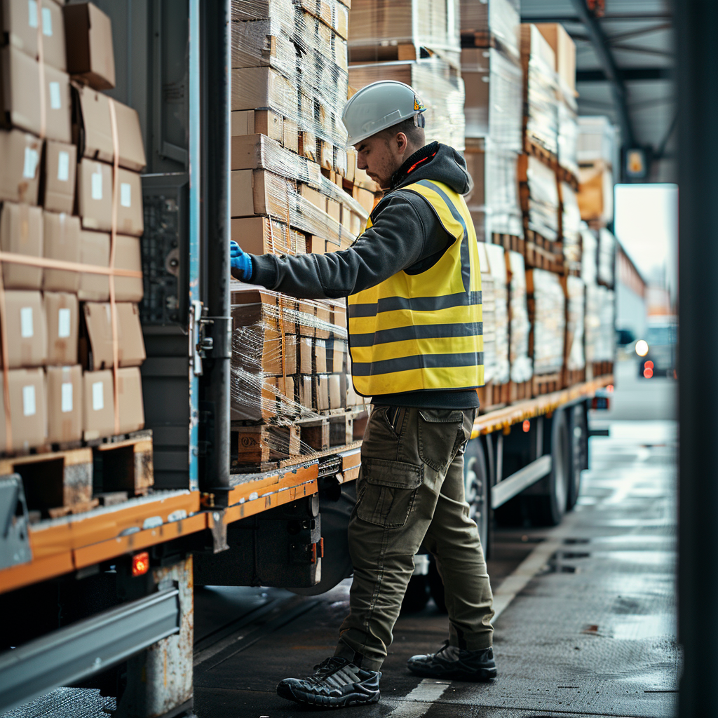Een logistiek medewerker die aan het werk is in een magazijn. Je ziet allerlei dozen en hij draagt werkkleding en een helm.