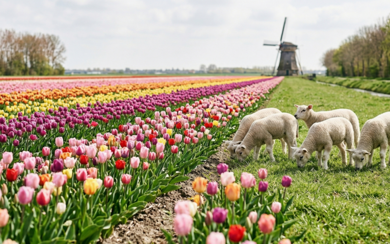 je ziet hier een plaatsje die perfect bij de lente hoort. je ziet de mooie tulpen in de velden met lammetjes ernaast, en natuurlijk een molen op de achtergrond.