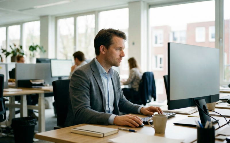 je ziet hier een man achter een computer op een kantoor