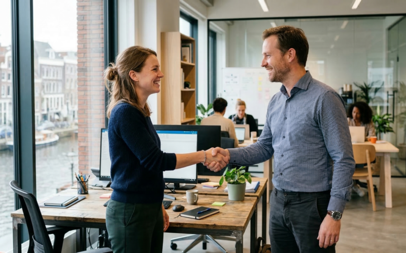 je ziet hier 2 mensen die elkaar de hand schudden op kantoor.