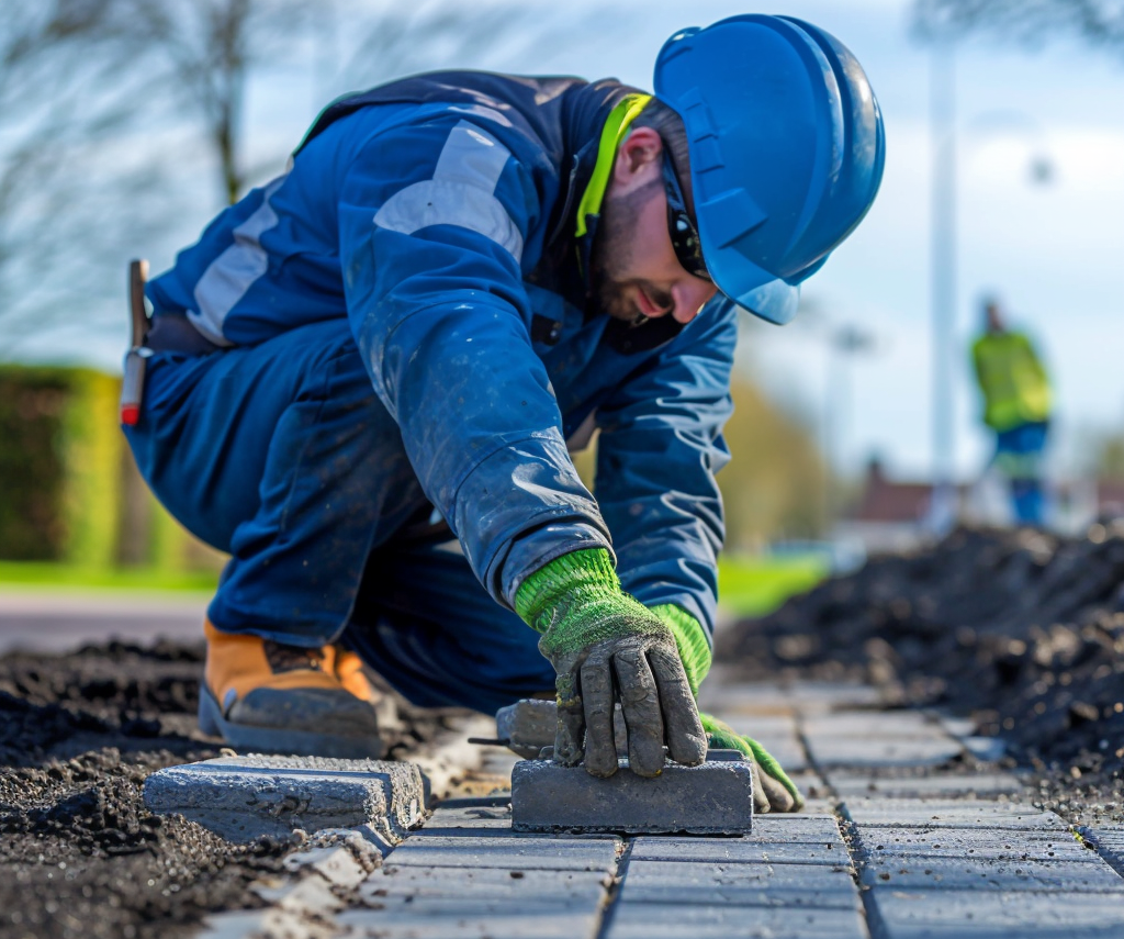 Een stratenmaker die bezig is met zijn werkzaamheden
