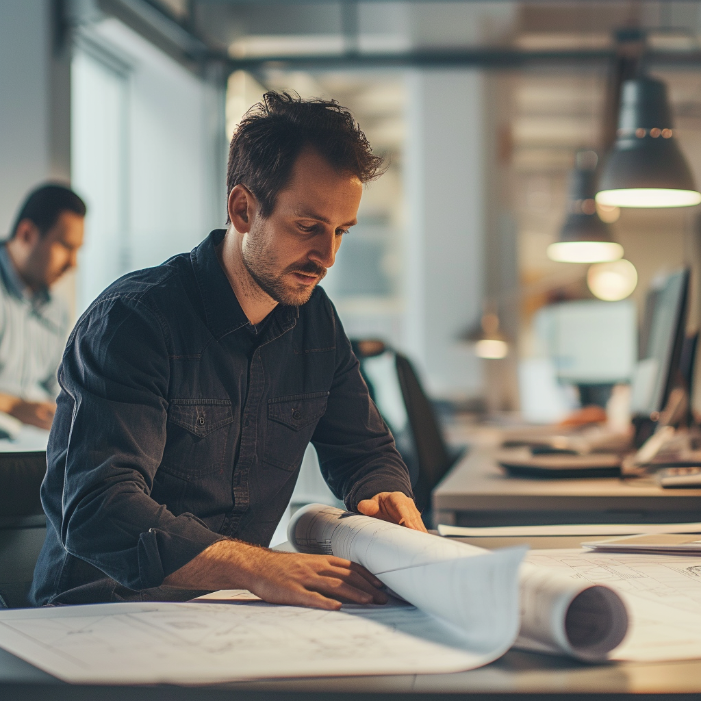 een werkvoorbereider is bezig met zijn werkzaamheden