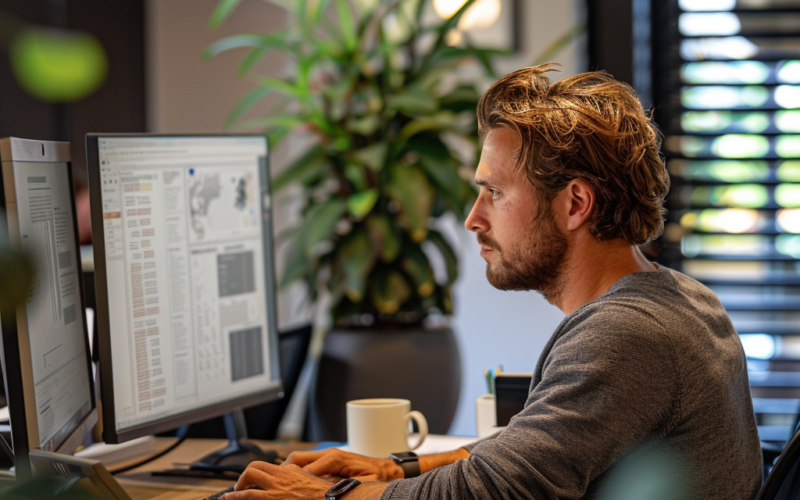 Een werkvoorbereider die bezig is met zijn werkzaamheden achter de computer