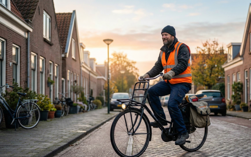 je ziet hier een man die op de fiets onderweg is naar zijn werk