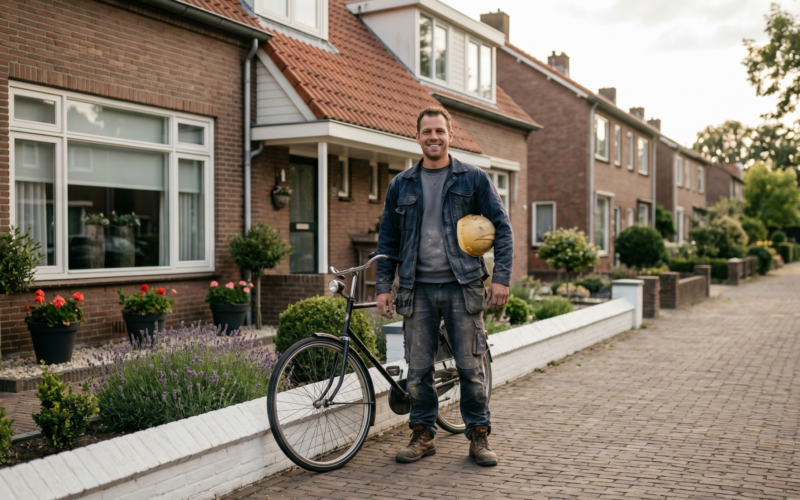 je ziet hier een man die met zijn werkkleding voor zijn huis staat omdat hij dichtbij huis werkt.