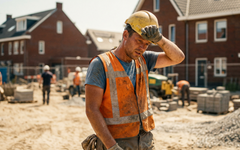 je ziet hier een man die aan het werk is in een hitte golf, hij heeft het erg warm. hij is aan het werk in de bouw
