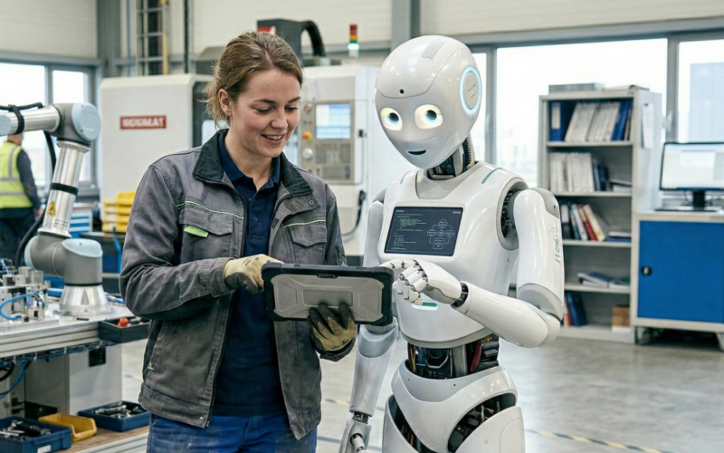 je ziet een vrouw naast een robot