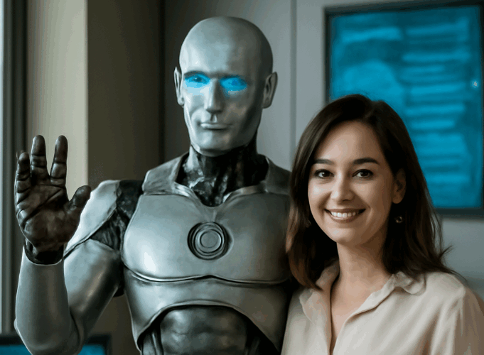 Een vrouw staat naast een robot.