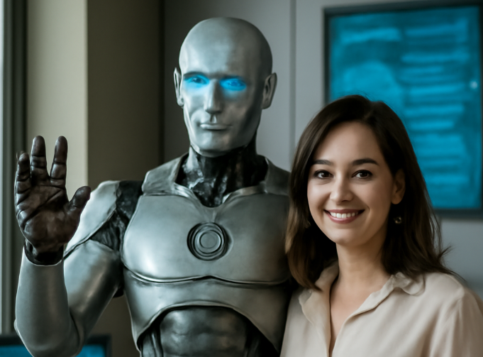 Een vrouw staat naast een robot.