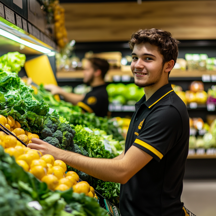 Jongen werkt in de supermarkt
