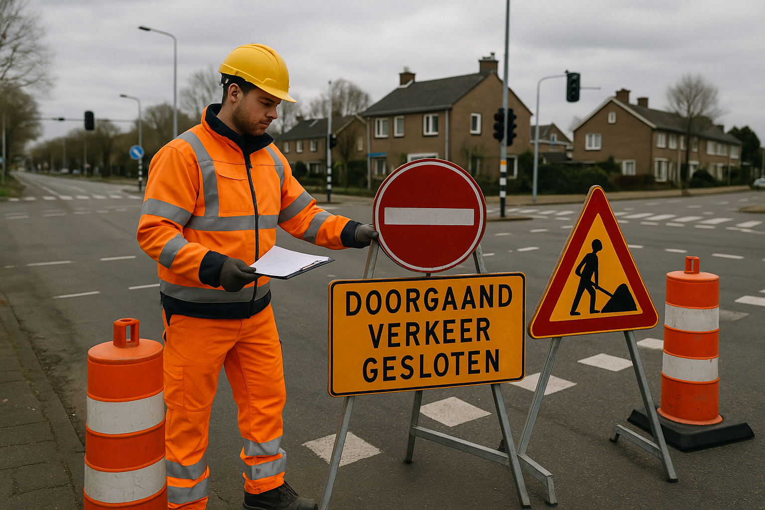 een medewerker verkeerstechniek die buiten op de weg staat naast verkeersborden