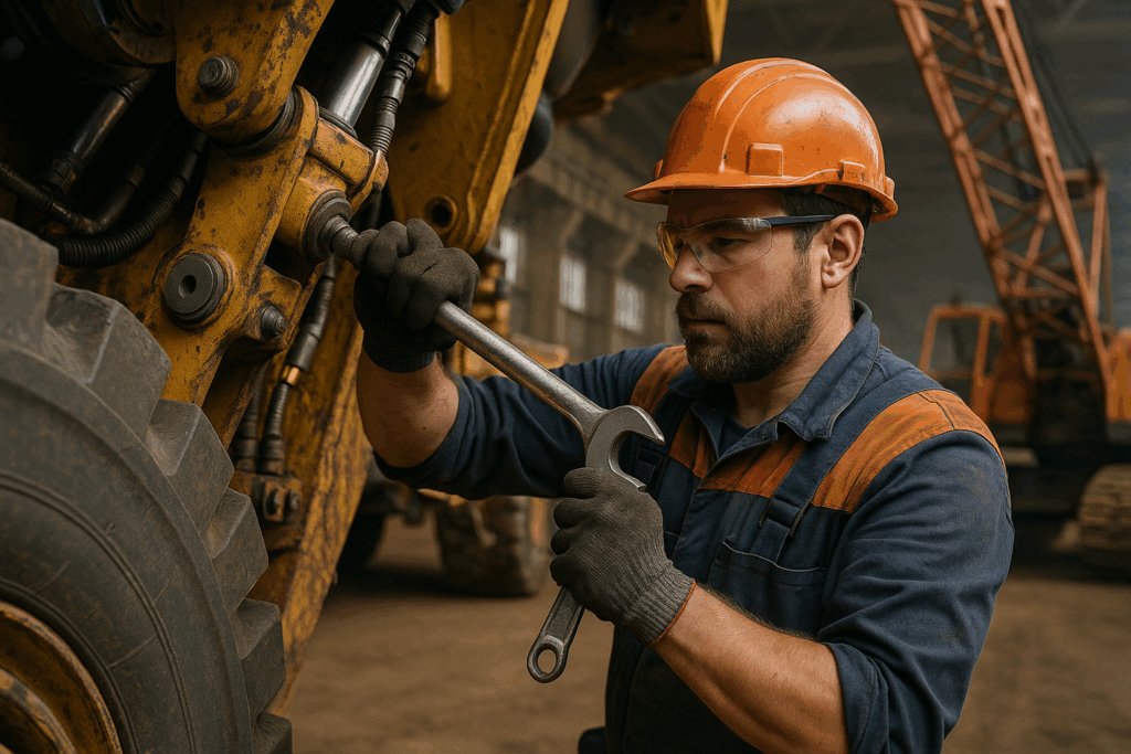 mechanist monteur van kranen en mijndumpers die zijn werkzaamheden aan het uitvoeren is