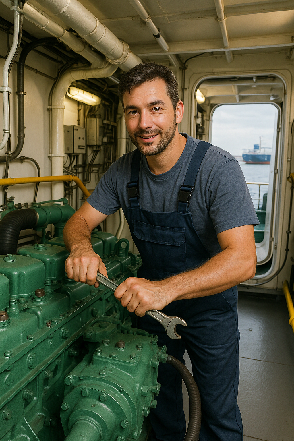 een monteur scheepsmotoren die op een schip staat en lacht in de camera en staat bij zijn dagelijkse werkzaamheden