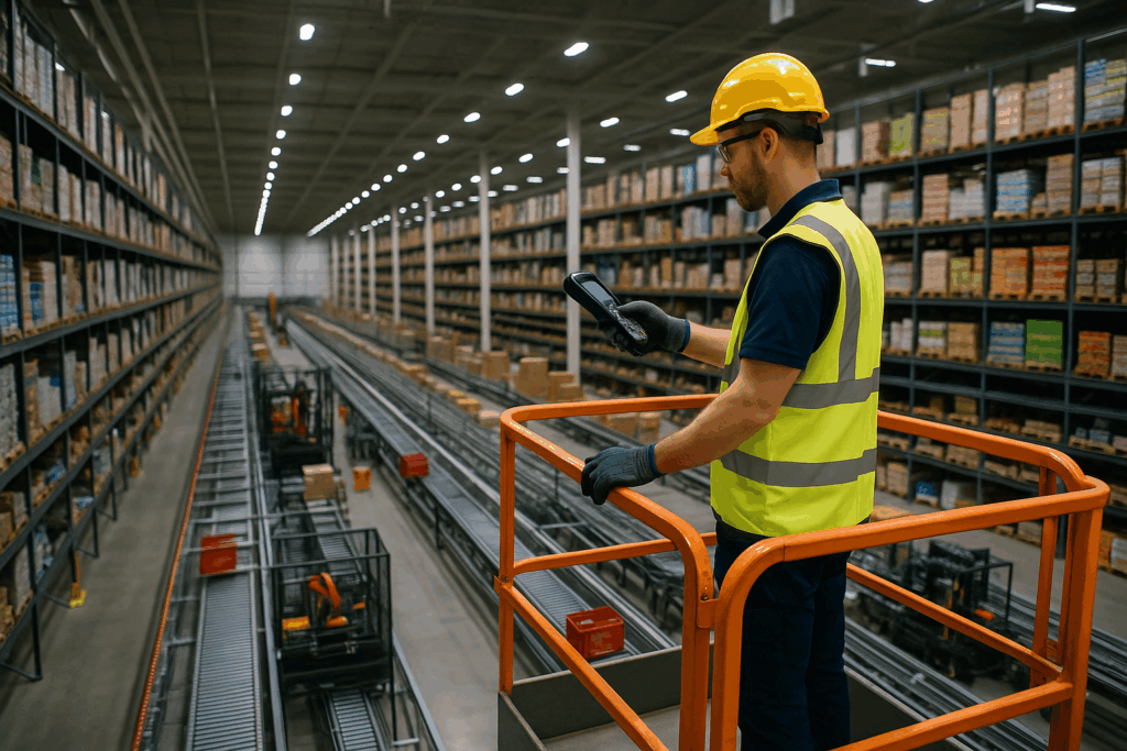 een orderpicker 4 ploegen die in een groot magazijn staat