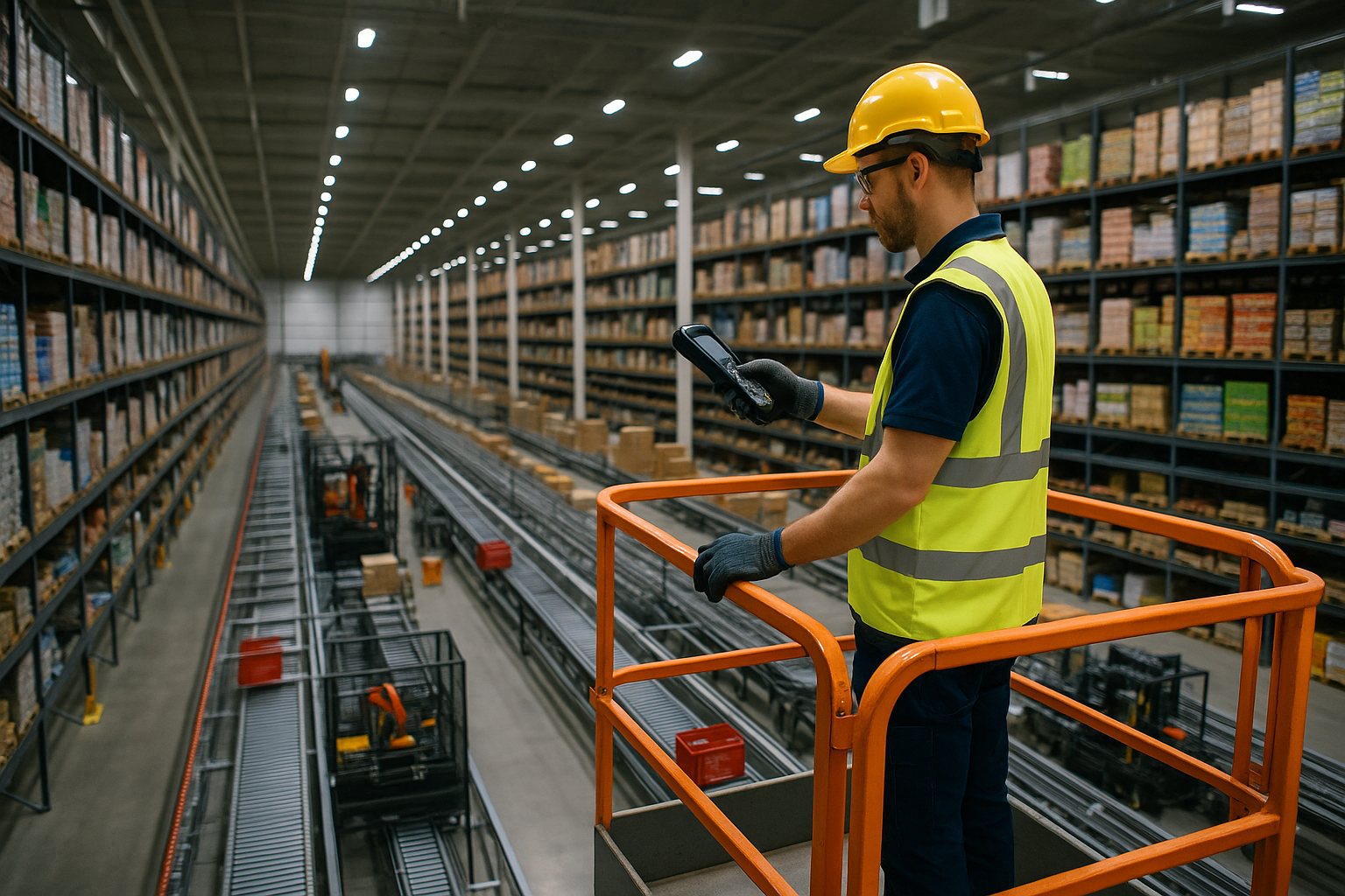 een orderpicker 4 ploegen die in een groot magazijn staat