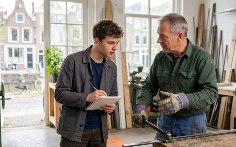 je ziet hier een jongen die aan het mee kijken is. dit doet hij omdat hij geen werkervaring heeft.