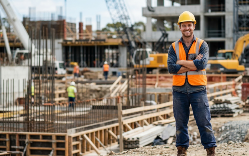 je ziet hier een man die erg blij en gelukkig is op zijn werk