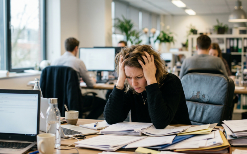 je ziet hier ene vrou w die vast loopt op haar werk. ze zit aan een bureau met haar handen in haar haren.