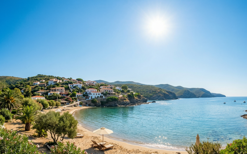 je ziet hier een mooi strand met een blauwe lucht en een warm zonnetje