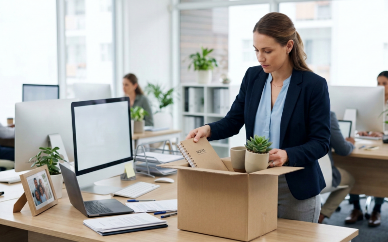 hier zie je een vrouw die van baan wisselt en haar spullen in een doos stopt.