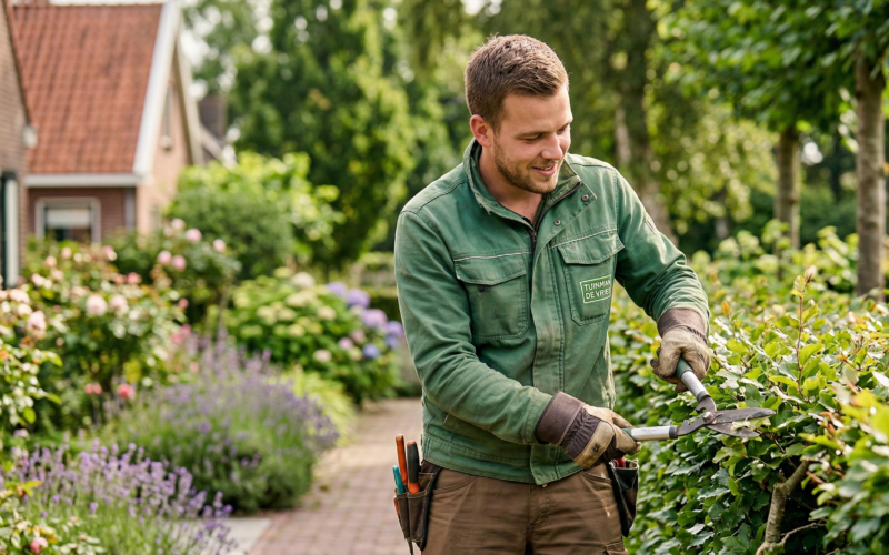 je ziet hier een hovenier die een heg aan het knippen is met een grote schaar