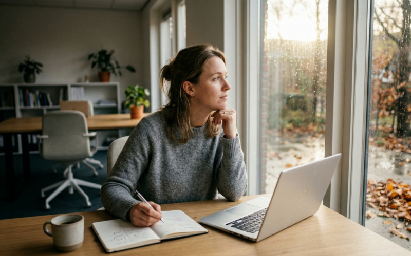 je ziet hier een vrouw die naar buiten kijkt. zij gaat in de laatste maanden van het jaar een baan zoeken.