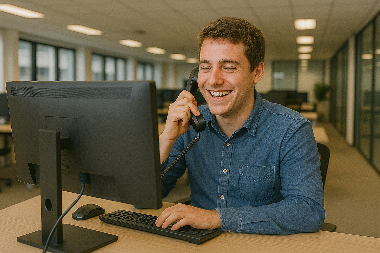 een sales medewerker die achter zijn bureau op kantoor zit en aan het bellen is. hij lacht