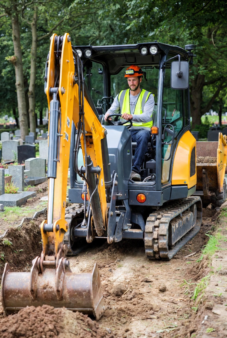 een kraanmachinist mini graafmachine die bezig is met zijn werkzaamheden op de begraafplaats