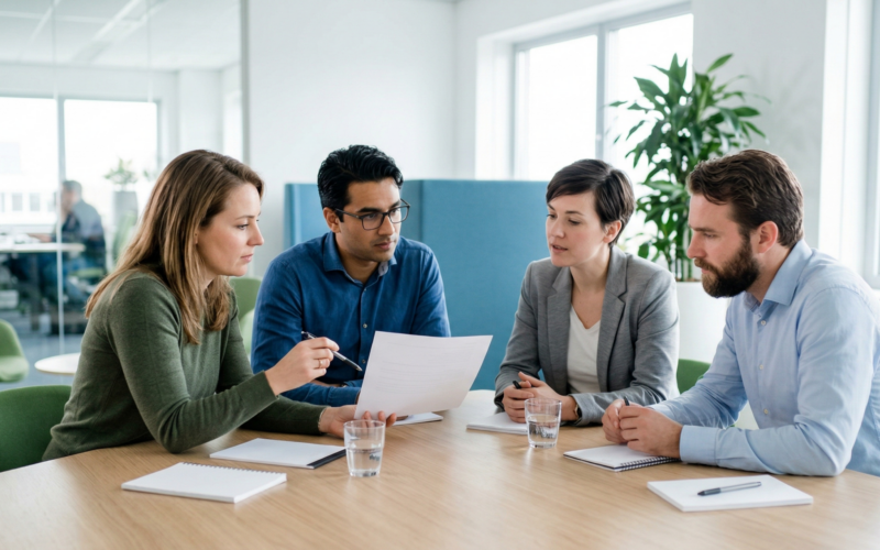 je ziet hier 4 mensne aan een tafel zitten. zij bespreken hier nieuwe uitzend regels.