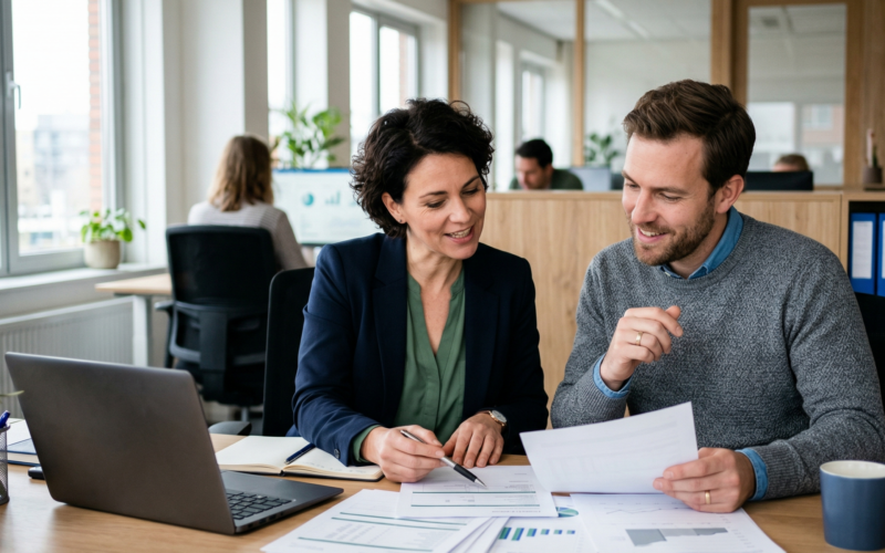 je ziet hier een werkgever iets uitleggen aan de werknemer. zij legt hier de nieuwe regels uit van het WTTA
