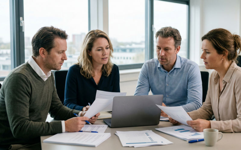 je ziet hier mensen om een tafel zitten in een kantoorruimte. deze mensen zijn iets aan het bespreken, namelijk de nieuwe regels in de uitzendsector.