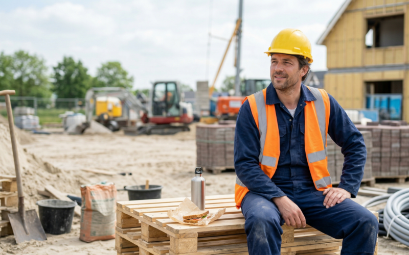 je ziet hier een man die zwaarwerkregeling bouw en infra werkt. hij zit hier pauze te houden.