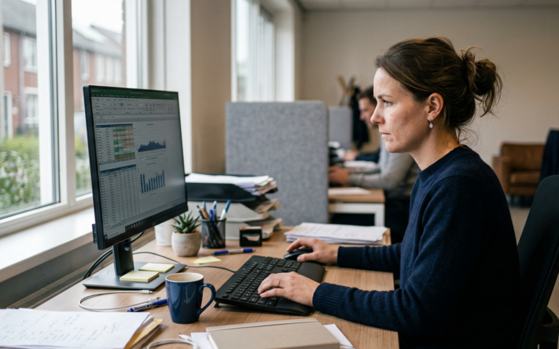 je ziet hier een vrouw die de belangrijke wijzigingen LKN en wet banenafspraak vanaf 2026 aan het bekijken is achter haar bureau op haar laptop