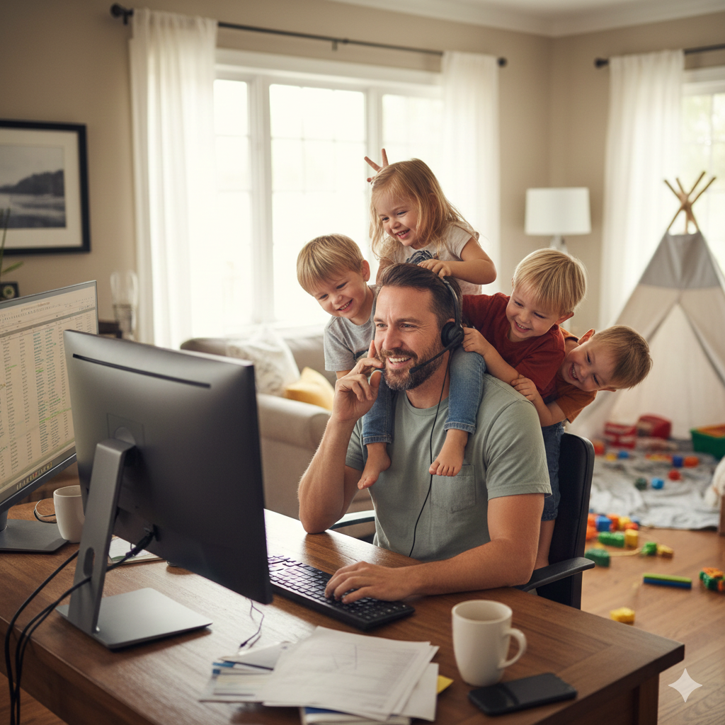 Een man is thuis aan het werk.