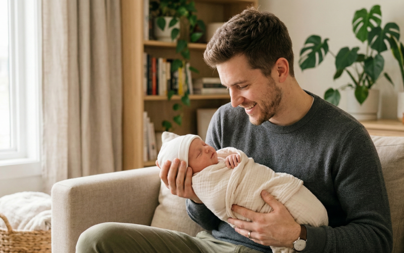 je ziet hier een vader met zijn pas geboren kind in de tijd van vaderschapsverlof