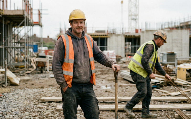 je ziet hier een man die werkt in de zwaarwerkregeling in de bouw. dit wordt voor uitzendkrachten verlengd tot einde 2026