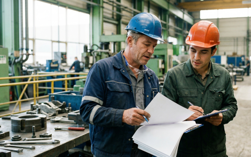 je ziet hier een werkgever en een werknemer op de werkvloer die naar de CAO voor uitzendkrachten aan het kijken zijn.