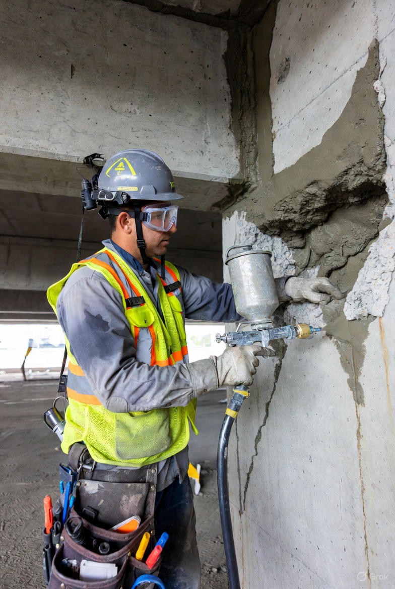 een betonreperateur die een wand aan het repareren is