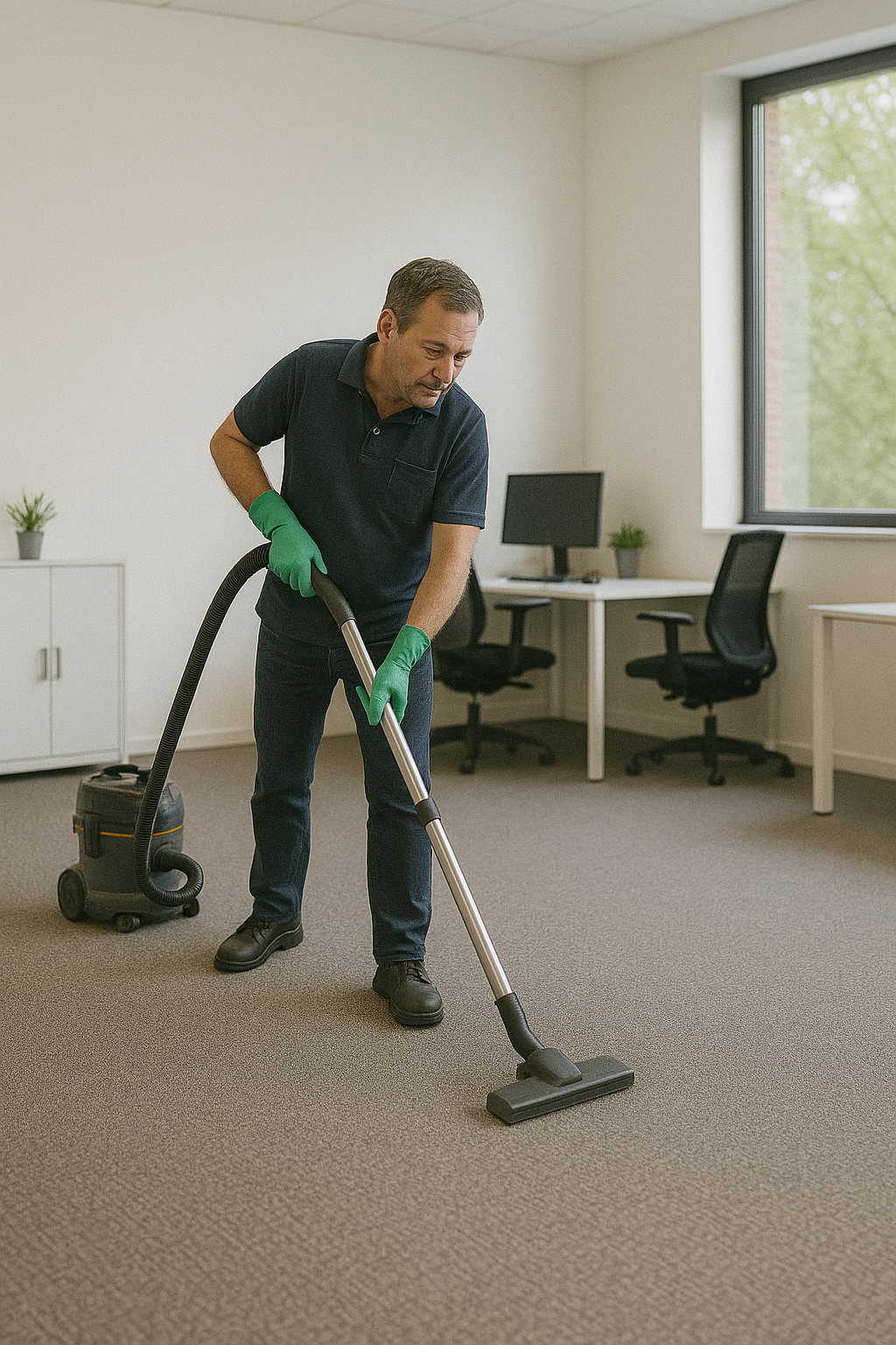 een facilitair medewerker die bezig is met het schoonmaken van een kantoor