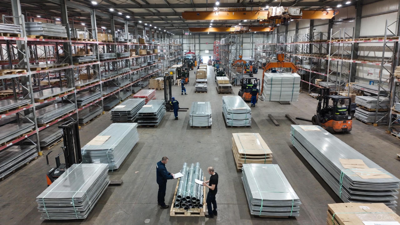 magazijn waar magazijnmedewerkers staal bezig zijn met hun werkzaamheden in een grote loods