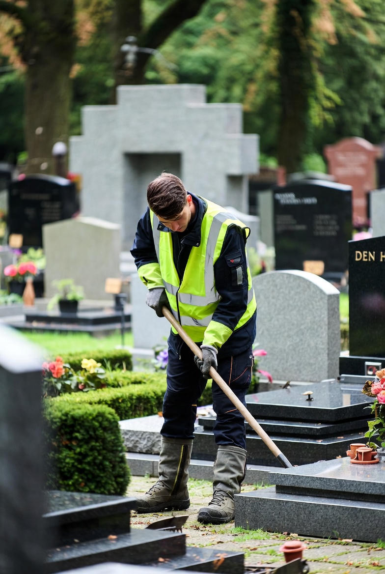 een medewerker begraafplaats die bezig is met zijn werkzaamheden